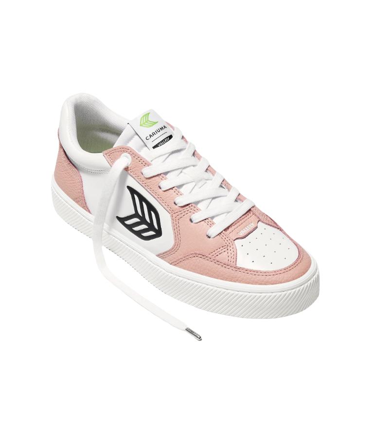 VALLELY White Leather Mahogany Rose Accents Black Logo Sneaker