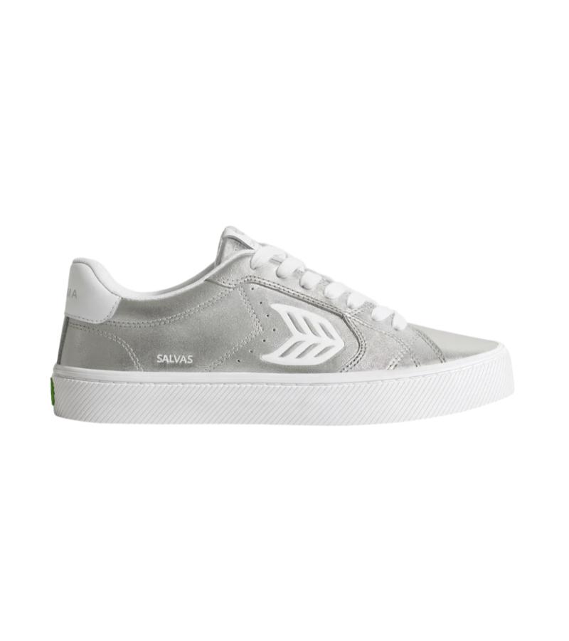 SALVAS Metallic Silver Leather White Logo Sneaker
