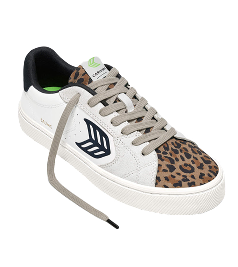 SALVAS White Leather Leopard Print Suede Black Logo Sneaker