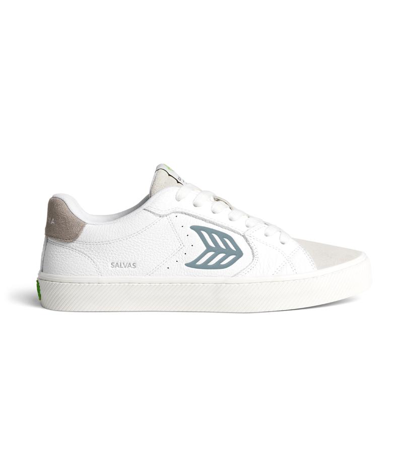 SALVAS White Premium Leather Vintage White Suede Mirage Blue Logo Sneaker