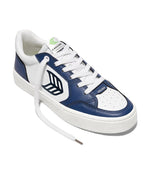 VALLELY White Leather Dark Denim Accents Black Logo Sneaker