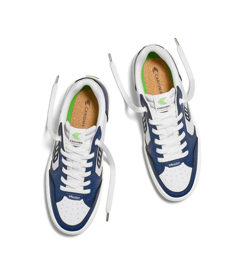 VALLELY White Leather Dark Denim Accents Black Logo Sneaker