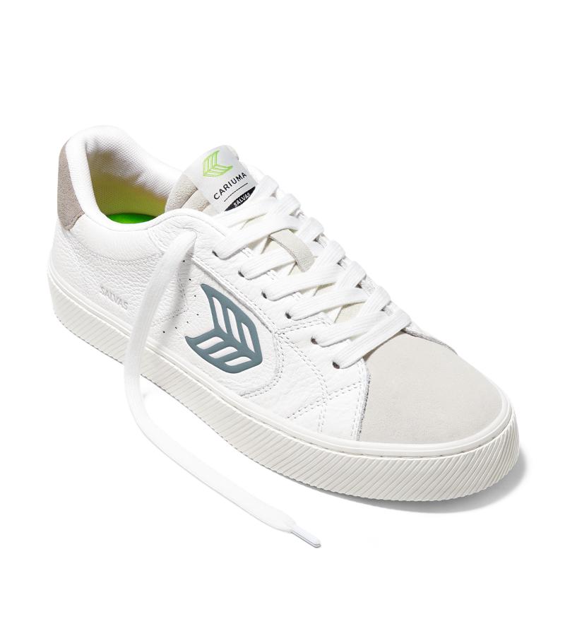 SALVAS White Premium Leather Vintage White Suede Mirage Blue Logo Sneaker