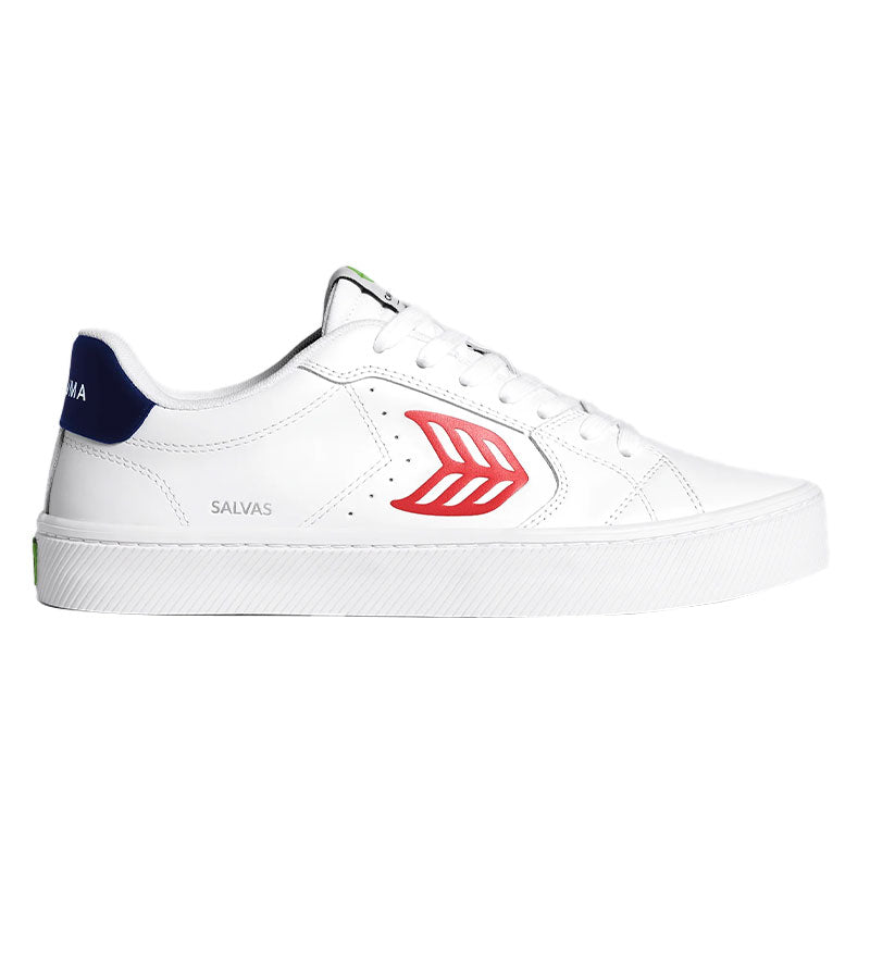 SALVAS White Leather Red Logo Navy Sneaker
