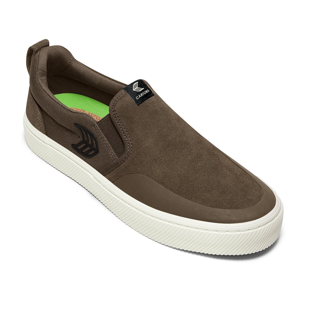 SLIP-ON PRO Dark Khaki Suede and Canvas Black Logo Snekaer Sneaker