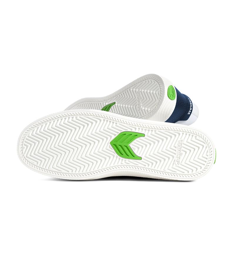 VALLELY White Leather Dark Denim Accents Black Logo Sneaker