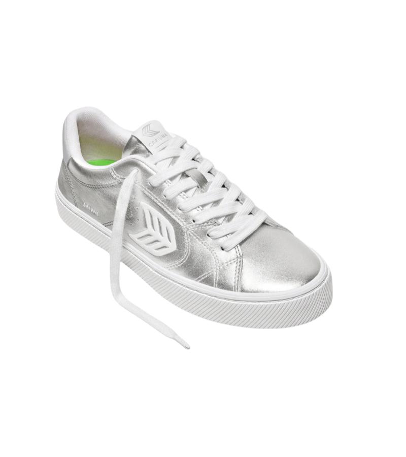 SALVAS Metallic Silver Leather White Logo Sneaker