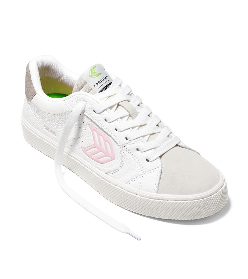 SALVAS White Premium Leather Vintage White Suede Rose Logo Sneaker