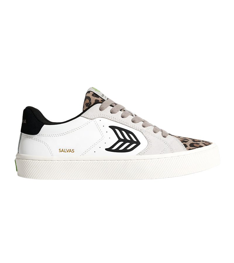 SALVAS White Leather Leopard Print Suede Black Logo Sneaker