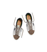 SALVAS White Leather Leopard Print Suede Black Logo Sneaker